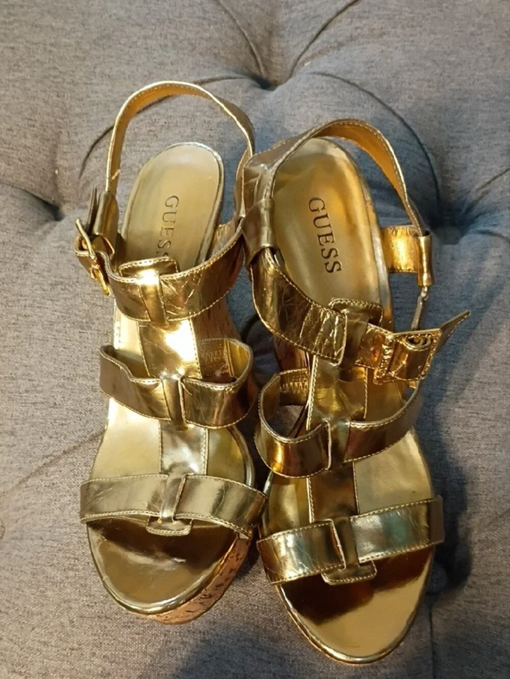 GUESS Gold Metallic Strappy Wedge Sandals